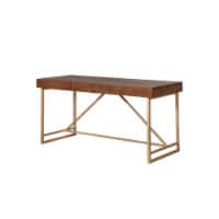 Modern Style Wooden Writing Desk with Unique Metal Legs, Walnut Brown and Gold- Saltoro