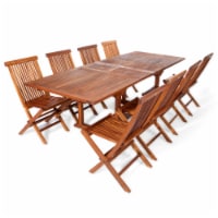9-Piece Twin Butterfly Leaf Teak Extension Table Folding Chair Set with Red Cushions