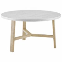 30 inch Round Coffee Table in White Faux Marble and Light Oak