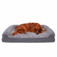 FurHaven TwoTone Faux Fur & Suede Memory Sofa Dog Bed|Jumbo, Stone Gray