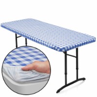 72'' x 30'' Fitted Vinyl Tablecloth w/ Flannel Backing, Blue Checkered