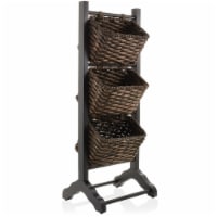 3-Tier Floor Stand with Hyacinth Storage Basket Bins, Black/Espresso