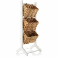 3-Tier Floor Stand with Hyacinth Storage Basket Bins, White/Natural