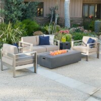 Noble House Cape Coral Outdoor 5 Pc Khaki Chat Set w/ Gray Fire Table
