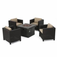 Noble House Puerta 5 Piece Outdoor Wicker Chair and Firepit Set in Dark Brown