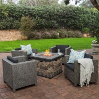 Noble House Puerta Outdoor 4 Pc Mixed Black Club Chair Set w/ Firepit