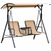 2 Person Outdoor Swing Chair for Porch, Patio, Storage, Tray, Cup Holders, Beige