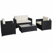 Outside Rattan Wicker Chair Loveseat Set for Patio w/ Glass Coffee Table, Black
