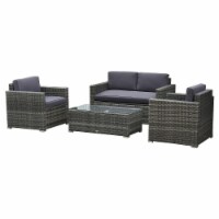Outside Rattan Wicker Chair Loveseat Set for Patio w/ Glass Coffee Table, Grey