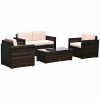 Outside Rattan Wicker Chair Loveseat Set for Patio w/ Glass Coffee Table, Brown