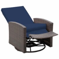 Reclining Rattan 360° Swivel Chair, Outdoor Patio Cushioned Recliner Dark Blue