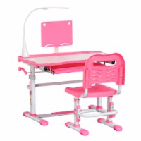 Kids Adjustable School Desk & Chair Set w/ Lamp, Tilt Desktop, Storage, Pink