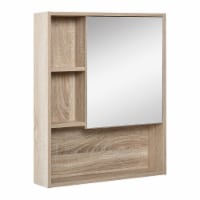 Wall Mount Wood Design Moveable Extra Shelf Rack with Vanity Mirror, Oak