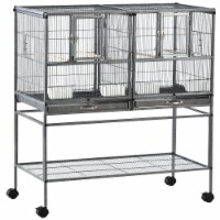 Large Modern Bird House with Food and Water Bowls, Black and Grey
