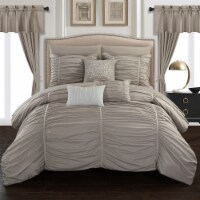 Gruyeres 20 Piece Comforter Set Ruffled Ruched Designer Bedding Taupe Queen