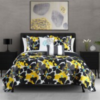Aster 5 Piece Quilt Set Contemporary Floral Design Bedding Black King