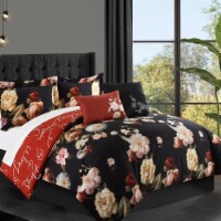 Emeraude 3 Piece Reversible Quilt Set Floral Print Cursive Script Design Bedding Black King