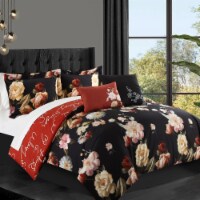 Vibrant Floral Print 5 or 4 piece Reversible Comforter Set Black Queen