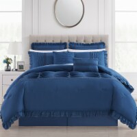 Yvonna 8 Piece Comforter Set Ruffled Pleated Flange Border Design Bedding Blue King