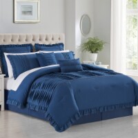 Yvonna 8 Piece Comforter Set Ruffled Pleated Flange Border Design Bedding Blue Queen