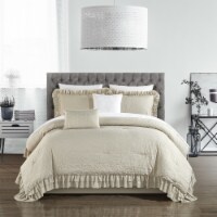 5 piece Kensley Comforter Set Washed Crinkle Ruffled Flange Border Design Bedding Beige Queen