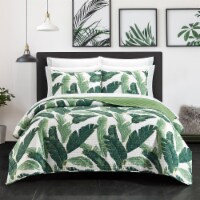 Palm Spring 9 or 6 Piece Quilt Set Watercolor Floral Pattern Print Bed In A Bag Green King
