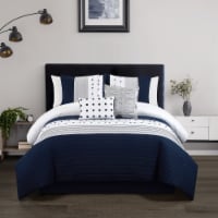 Lainy 5 Piece Comforter Set Color Block Pleated Ribbed Embroidered Bedding Navy Queen
