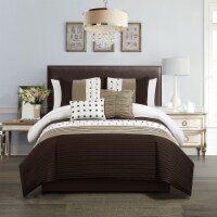 Lainy 5 Piece Comforter Set Color Block Pleated Ribbed Embroidered Bedding Brown Queen