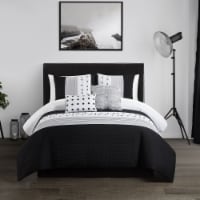 Lainy 5 Piece Comforter Set Color Block Pleated Ribbed Embroidered Bedding Black Queen