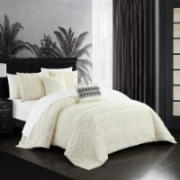 Jenson 5 Piece Comforter Set Jacquard Chevron Geometric Pattern Design Bedding Beige King
