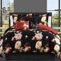 Vibrant Floral Print 5 or 4 piece Reversible Comforter Set Black Twin