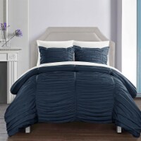 Kleia 7 or 5 Piece Comforter Set Contemporary Striped Ruched Ruffled Design Bed in a Bag navy