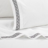 4 Piece Orden Organic Cotton Sheet Set Solid White With Dual Stripe Embroidery black queen