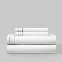 4 Piece Freeya Organic Cotton Sheet Set Solid White With Dual Stripe Embroidery grey king