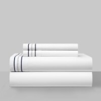4 Piece Freeya Organic Cotton Sheet Set Solid White With Dual Stripe Embroidery blue king