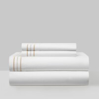 4 Piece Freeya Organic Cotton Sheet Set Solid White With Dual Stripe Embroidery gold king