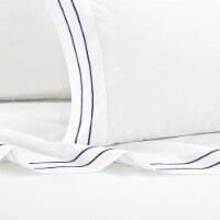 Balensia 4 Piece Organic Cotton Sheet Set Solid White With Dual Stripe Embroidery blue king