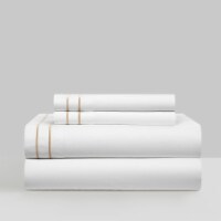 Balensia 4 Piece Organic Cotton Sheet Set Solid White With Dual Stripe Embroidery gold queen