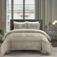 Amora 3 or 2 Piece Comforter Set Embossed Mandala Pattern Faux Fur beige twin