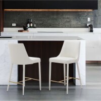 Iconic Home Arden Counter Stool Chair PU Leather Upholstered Swoop Arm Seat Gold Tone