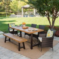 Jenine Outdoor 6 Piece Teak Finished Acacia Wood Dining Set with Multi-brown Dining Chairs