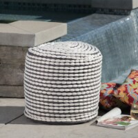 Collier Outdoor Turquoise Fabric Round Pouf Ottoman White
