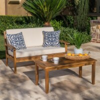 Keanu Outdoor Acacia Wood Loveseat and Coffee Table Set with Cushions Beige