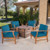 Belle Outdoor 4 Seat Fire Pit Chat Set with Teak Finished Acacia Wood Club Chairs Blue