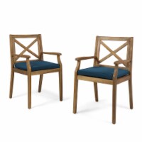Peter Outdoor Acacia Wood Dining Chair (Set of 2 Blue Cushion