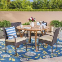 Jaden Outdoor 5 Piece Acacia Wood and Wicker Dining Set Teak + Brown