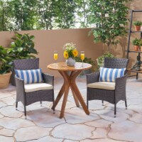 Poe Outdoor 3 Piece Acacia Wood and Wicker Bistro Set Teak + Brown
