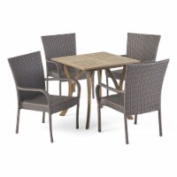 Benson Outdoor 5 Piece Wood and Wicker Square Dining Set, Gray and Gray