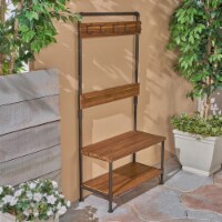 Carlos Outdoor Industrial Acacia and Iron Bench with Shelf and Coat Hooks Teak Finish