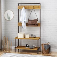 Kay Indoor Industrial Acacia Wood Bench with Shelf and Coat Hooks Teak